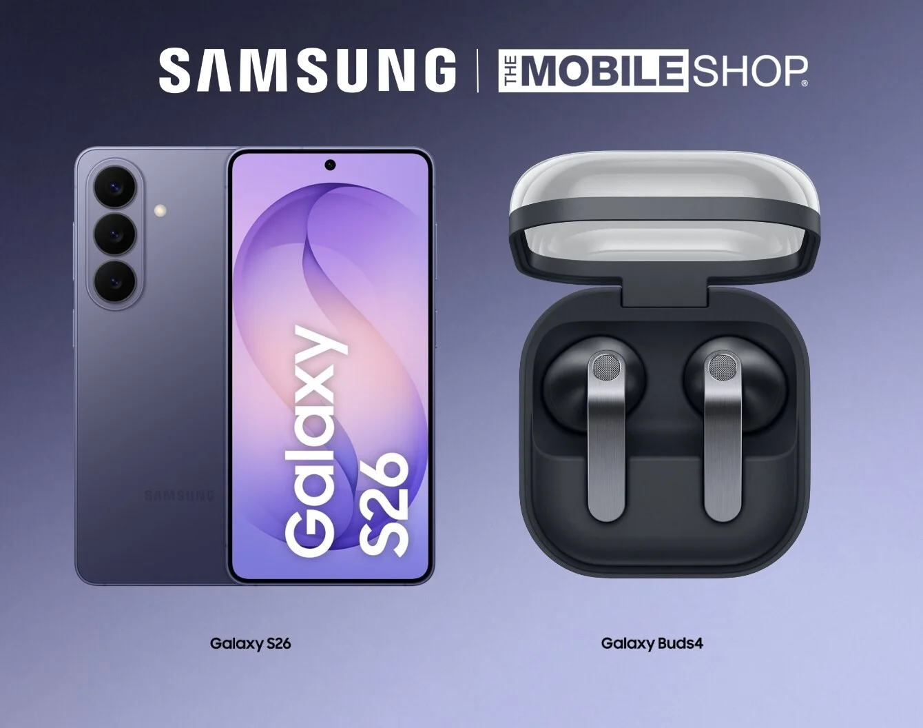 A purple Galaxy S26 phone and Black Galaxy Buds 4 are next to white Samsung logo on deep blue gradient background