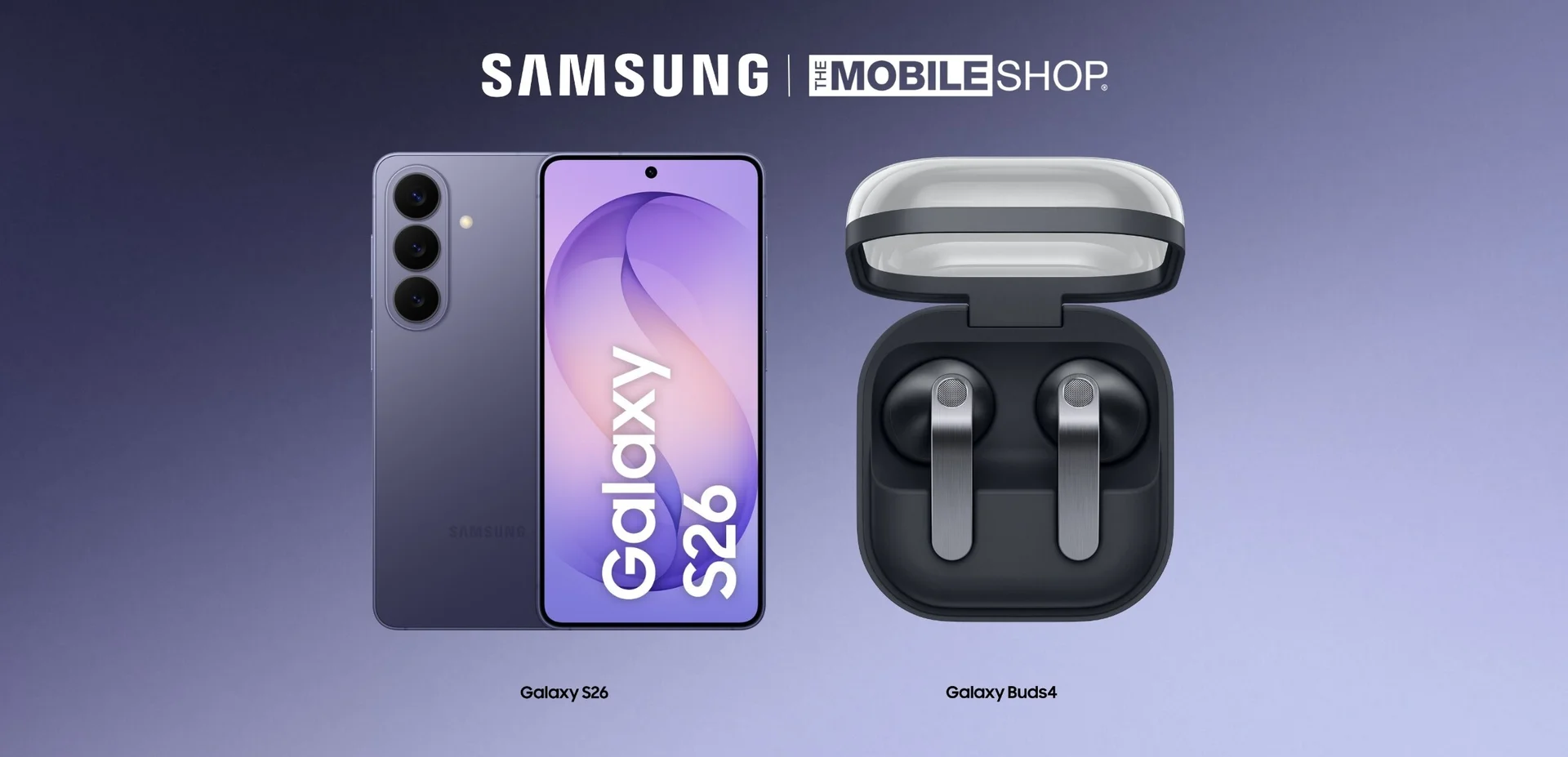 A purple Galaxy S26 phone and Black Galaxy Buds 4 are next to white Samsung logo on deep blue gradient background